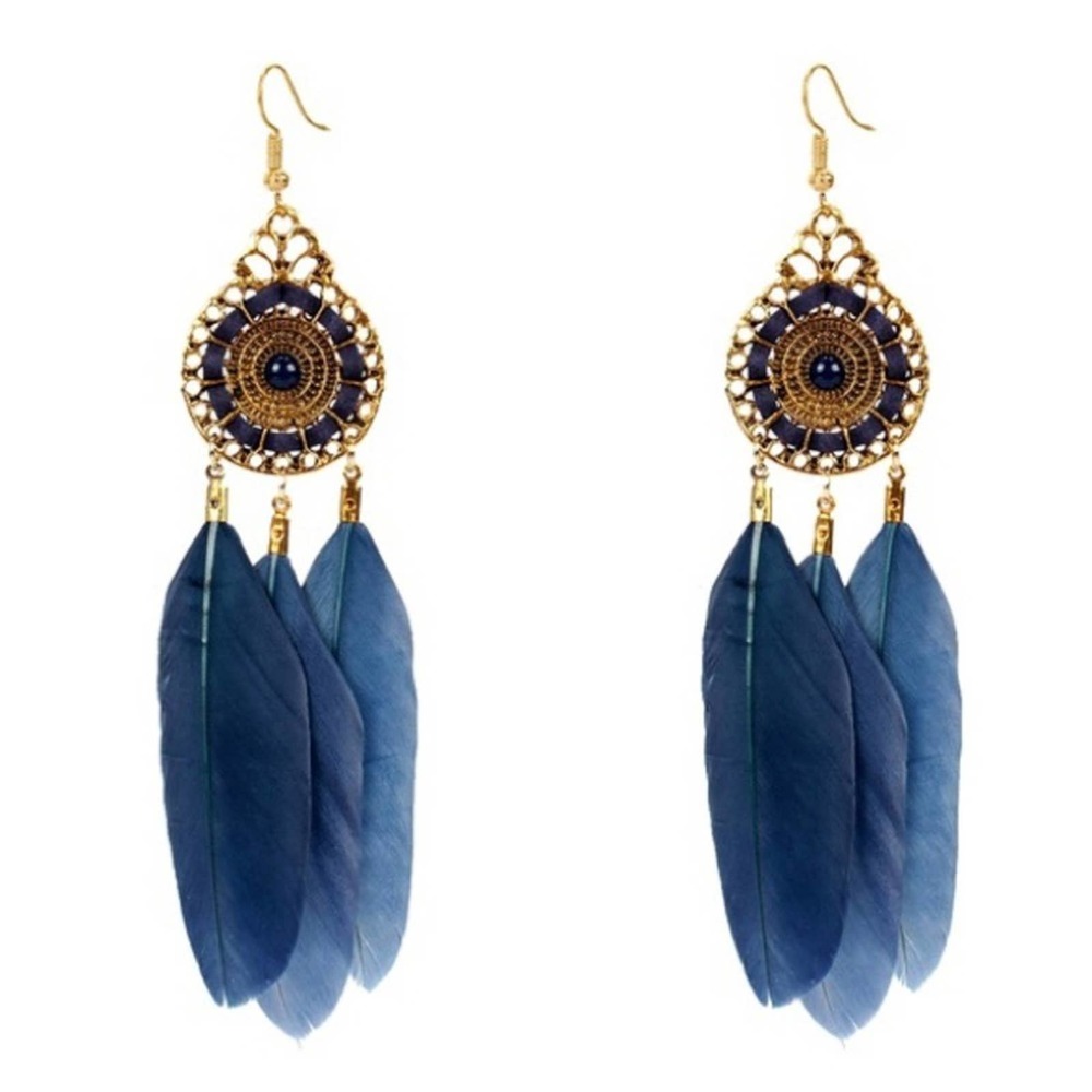 Navy Blue & Gold Feather Boho Tribal Drop Earrings